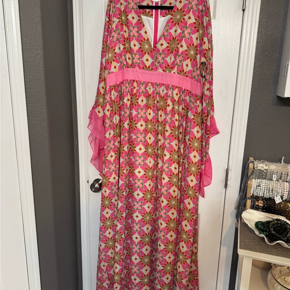 Unique Vintage Pink Multi Floral Geometric Maxi Dress